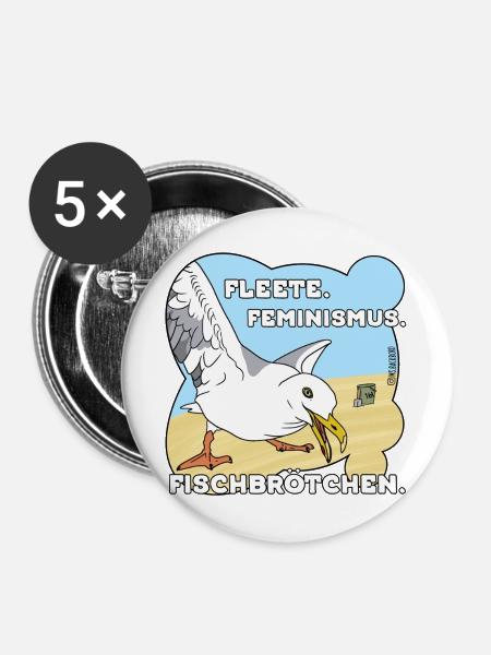 Fleete Feminismus Fischbrötchen - Buttons mittel 32 mm (5er Pack) - Weiß