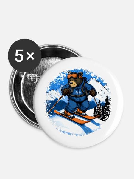 Bären Skifahrer / Ski Bär - Buttons mittel 32 mm (5er Pack) - Weiß