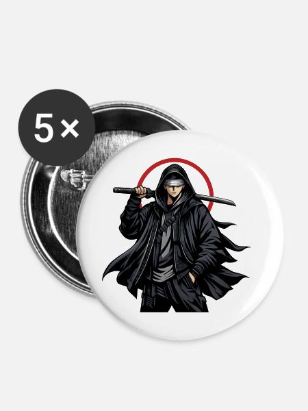Schwarzer Ninja mit Klinge - Buttons mittel 32 mm (5er Pack) - Weiß