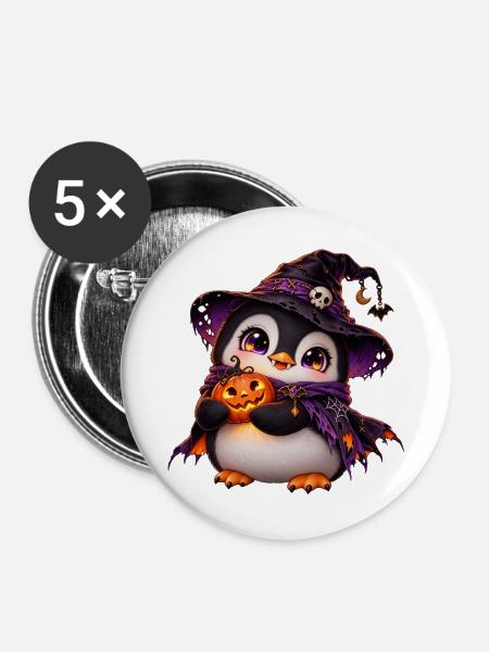 Halloween-Pinguinpinguin - Buttons mittel 32 mm (5er Pack) - Weiß