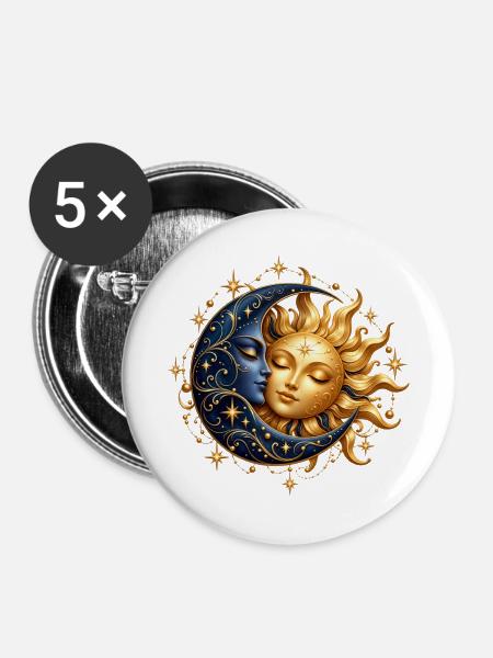 Himmlischer Mond und Sonne - Buttons mittel 32 mm (5er Pack) - Weiß