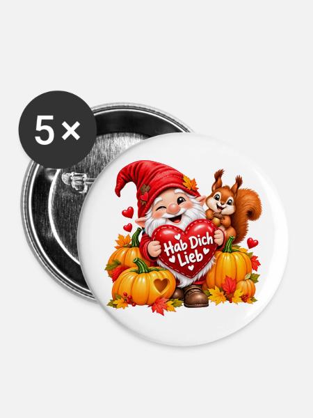 Herbstgnom Hab Dich Lieb - Buttons mittel 32 mm (5er Pack) - Weiß