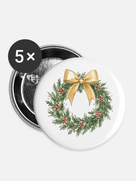Eleganter goldener Weihnachtskranz mit Schleife - Buttons mittel 32 mm (5er Pack) - Weiß