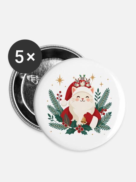 Weihnachtskatze mit Mäusen - Buttons mittel 32 mm (5er Pack) - Weiß