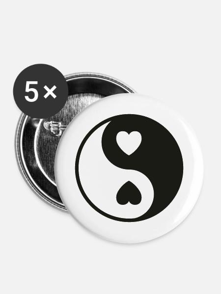 Ying Yang Herzen - Buttons mittel 32 mm (5er Pack) - Weiß