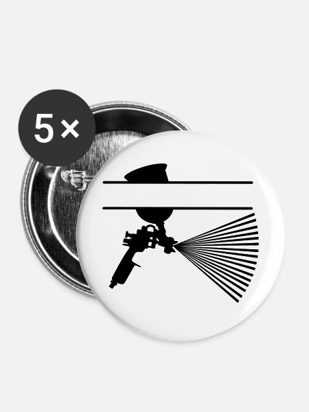 Spray mit Farbbecher Textbanner - Buttons mittel 32 mm (5er Pack) - Weiß