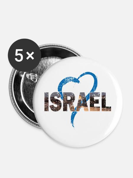 Israel mit Herz - Buttons mittel 32 mm (5er Pack) - Weiß