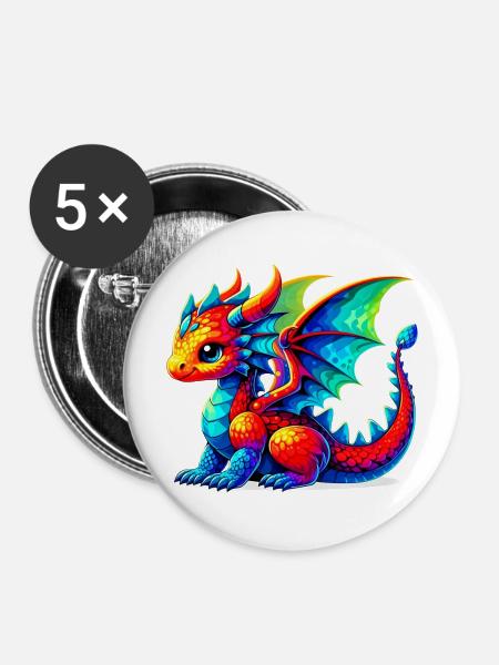 Drache - Buttons mittel 32 mm (5er Pack) - Weiß