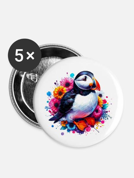 Papageitaucher - Buttons mittel 32 mm (5er Pack) - Weiß