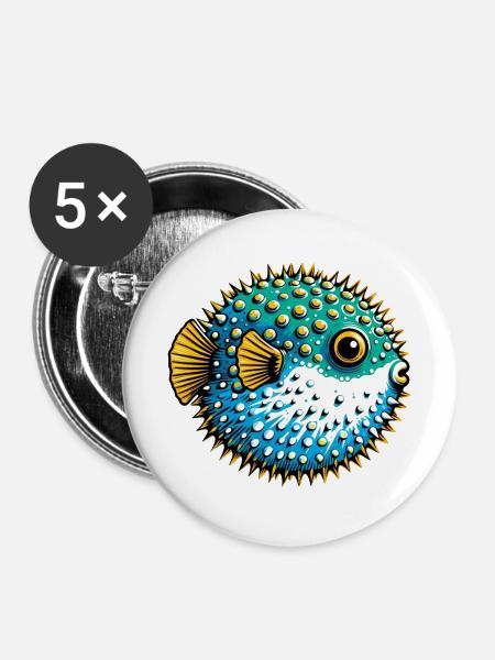 Kugelfisch - Buttons mittel 32 mm (5er Pack) - Weiß