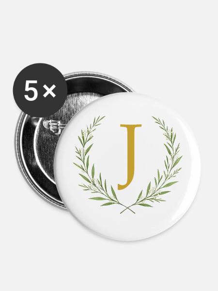 J Monogramm, Eukalyptus Kranz, personalisierbar - Buttons mittel 32 mm (5er Pack) - Weiß