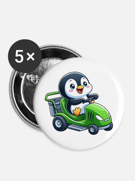 Süßer Pinguin Rasenmäher Gartenbau - Buttons mittel 32 mm (5er Pack) - Weiß