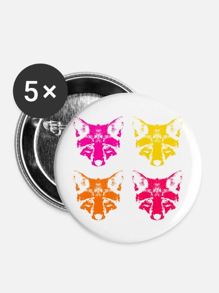 Farbige Füchse - Buttons mittel 32 mm (5er Pack) - Weiß