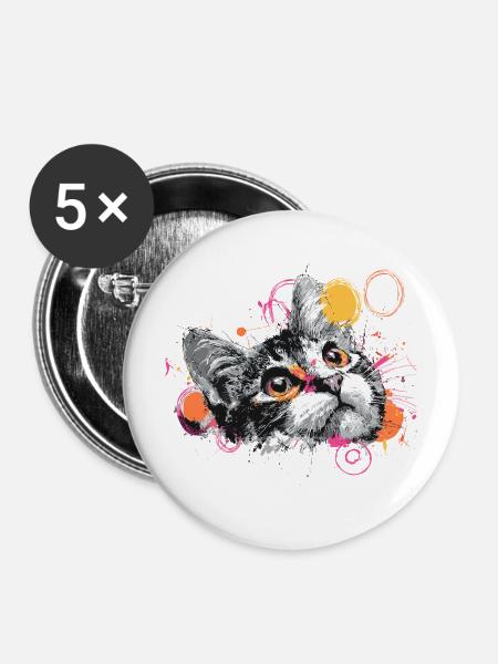 Katzenkopf Farbexplosion - Buttons mittel 32 mm (5er Pack) - Weiß