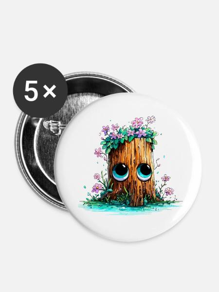 Waldstumpf mit Blütenaugen - Buttons mittel 32 mm (5er Pack) - Weiß