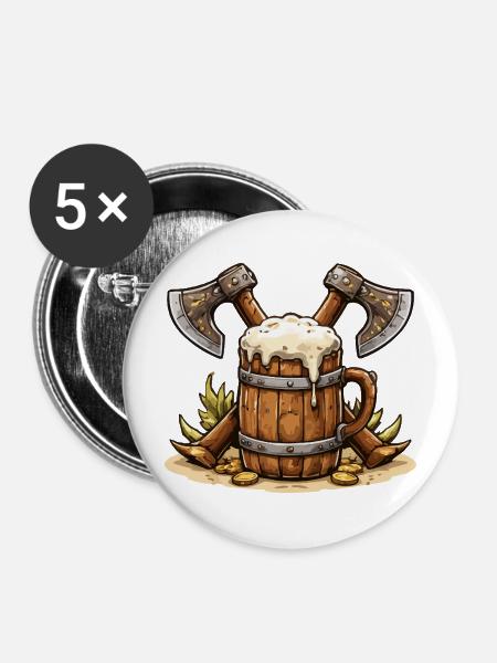 Bierfass mit Äxten Wikinger - Buttons mittel 32 mm (5er Pack) - Weiß