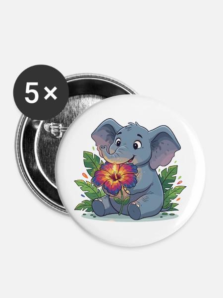 Elefant mit Hibiskusblüte - Buttons mittel 32 mm (5er Pack) - Weiß
