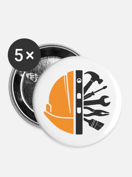 Bauhelm & Werkzeug – Handwerker Logo - Buttons mittel 32 mm (5er Pack) - Weiß