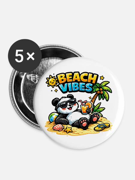 Beach Vibes Panda am Strand - Buttons mittel 32 mm (5er Pack) - Weiß