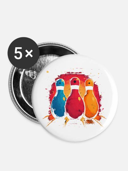 Lustige Bowling Pins - Buttons mittel 32 mm (5er Pack) - Weiß