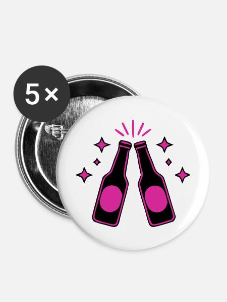 Bierflaschen Anstossen Icon - Buttons mittel 32 mm (5er Pack) - Weiß