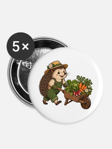 Igel-Gärtner mit Gemüseschubkarre - Buttons mittel 32 mm (5er Pack) - Weiß