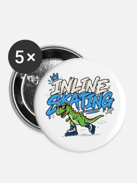 Inline Skating Dino auf Inlinern - Buttons mittel 32 mm (5er Pack) - Weiß