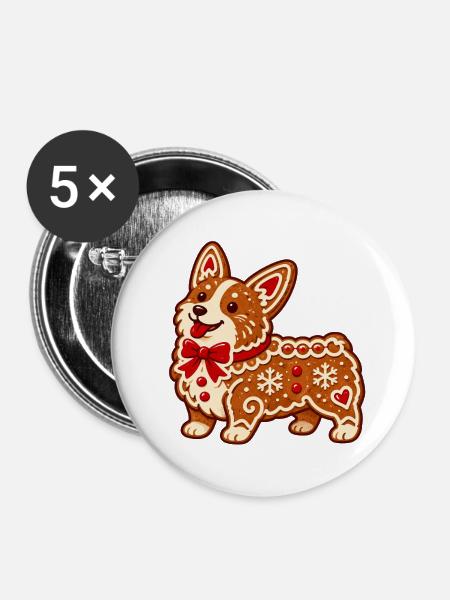 Lebkuchen-Corgi mit Schleife - Buttons mittel 32 mm (5er Pack) - Weiß