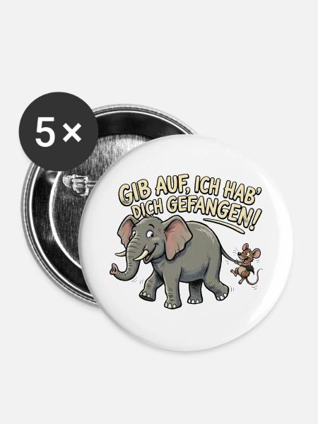 Maus fängt Elefant, lustiger Spruch - Buttons mittel 32 mm (5er Pack) - Weiß