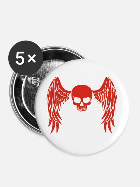 Rot geflügelter Schädel - Buttons mittel 32 mm (5er Pack) - Weiß