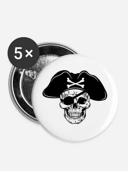 Totenkopf Piratenhut und Augenklappe - Buttons mittel 32 mm (5er Pack) - Weiß