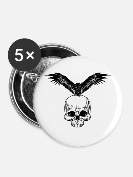 Totenkopf mit Krähe - Buttons mittel 32 mm (5er Pack) - Weiß