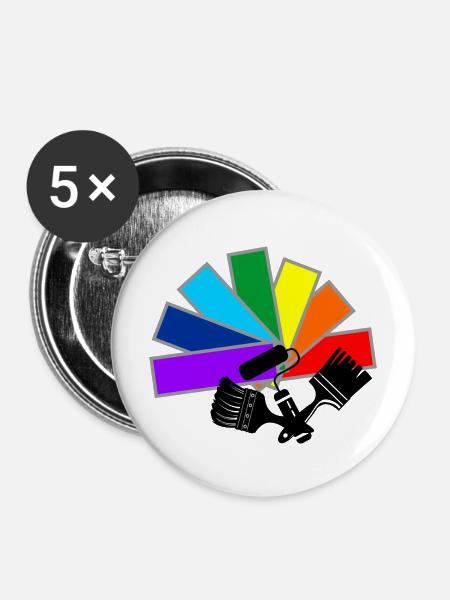 Farbfächerdeck mit Schattenpinseln und Rollenlogo - Buttons mittel 32 mm (5er Pack) - Weiß
