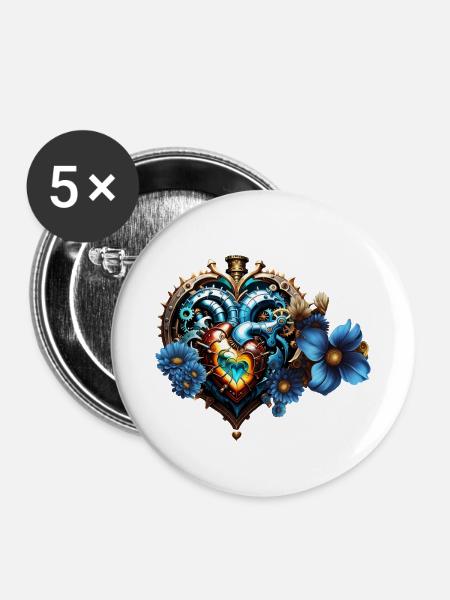 Fantastisches Steampunk-Herz - Buttons mittel 32 mm (5er Pack) - Weiß