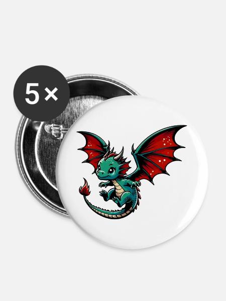 Drache - Buttons mittel 32 mm (5er Pack) - Weiß
