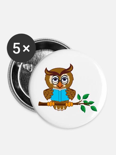 Ast Eule mit blauem Buch - Buttons mittel 32 mm (5er Pack) - Weiß