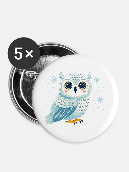 Wintereule in Schneeflocken - Buttons mittel 32 mm (5er Pack) - Weiß