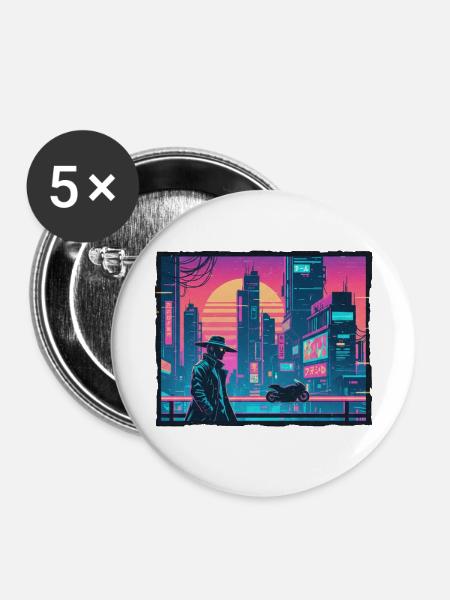 Retro Wave Tokyo Cyber - Buttons mittel 32 mm (5er Pack) - Weiß