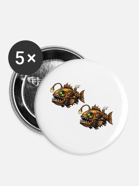Steampunk Tiefsee Piranhas - Buttons mittel 32 mm (5er Pack) - Weiß