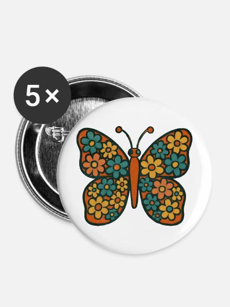 Schmetterling mit Blumenmuster - Buttons mittel 32 mm (5er Pack) - Weiß