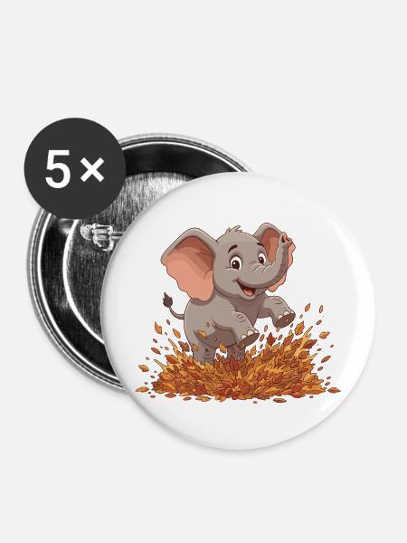Fröhlicher Elefant im Herbstlaub - Buttons mittel 32 mm (5er Pack) - Weiß