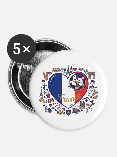Herz Frankreich Hahn Motiv - Buttons mittel 32 mm (5er Pack) - Weiß
