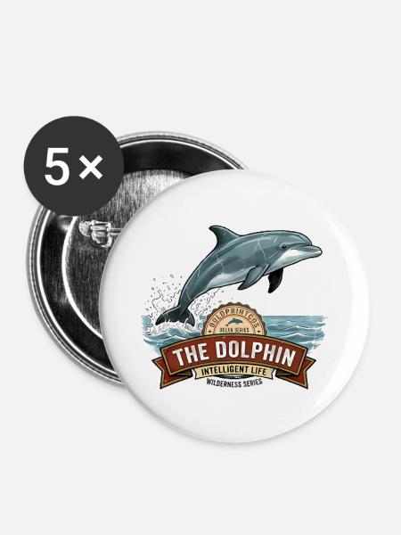 Delfin für Glück - Buttons mittel 32 mm (5er Pack) - Weiß