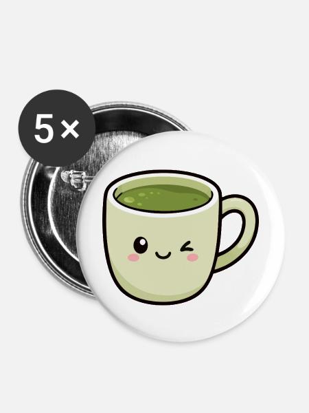 Kawaii zwinkern Matcha Grüne Teetasse - Buttons mittel 32 mm (5er Pack) - Weiß