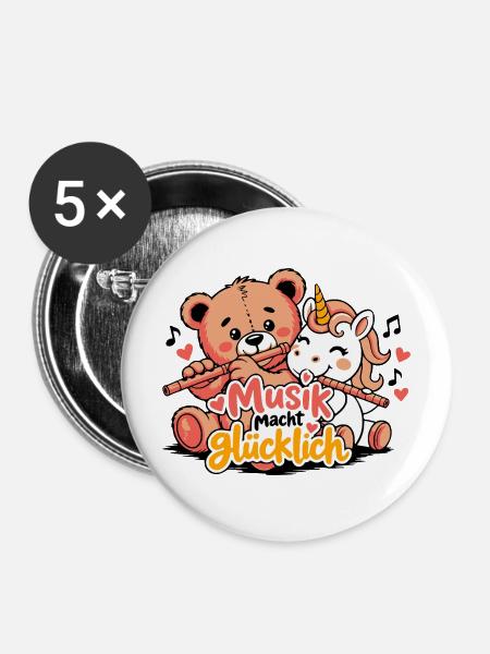 Blockflöte - Musik macht glücklich - Buttons mittel 32 mm (5er Pack) - Weiß