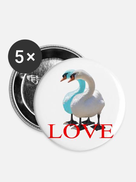 Schwanen-Duo mit Herzform - Buttons mittel 32 mm (5er Pack) - Weiß