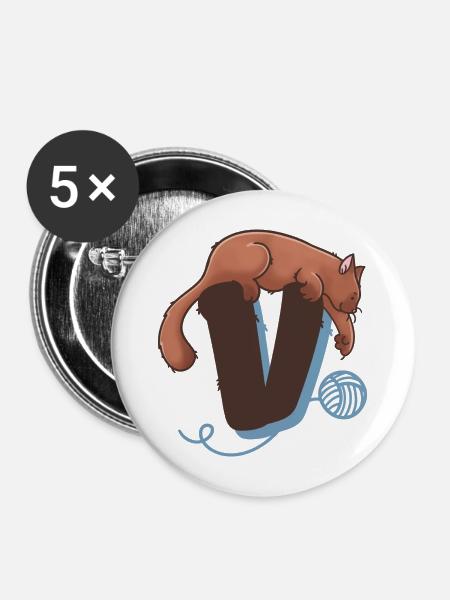 Katze Buchstabe V - Buttons mittel 32 mm (5er Pack) - Weiß