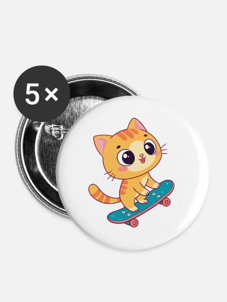 Kawaii-Kätzchen auf Skateboard - Buttons mittel 32 mm (5er Pack) - Weiß