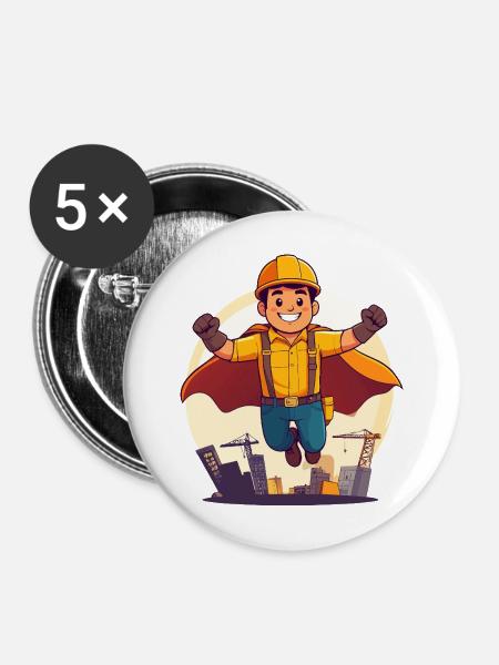 Bauhelden Superheld Bauarbeiter Held der Baustelle - Buttons mittel 32 mm (5er Pack) - Weiß