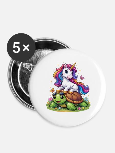  Einhorn auf Schildkröte - Buttons mittel 32 mm (5er Pack) - Weiß